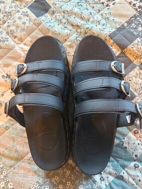 Black Triple-Strap Slide Sandals with Buckles